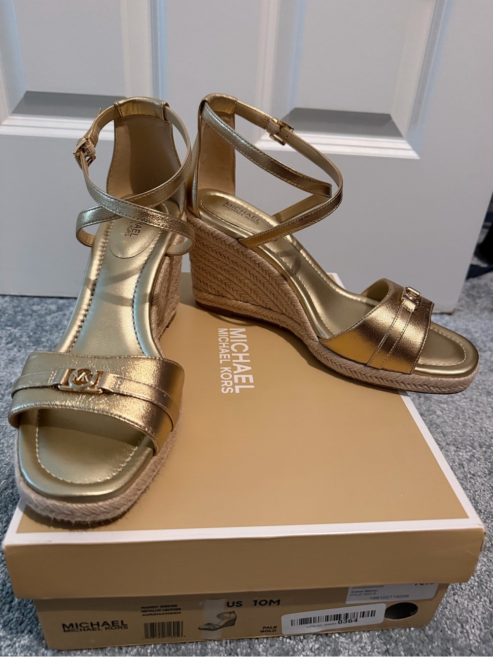 Michael Kors Metallic Gold Leather Espadrille Mandy Wedge Sandals